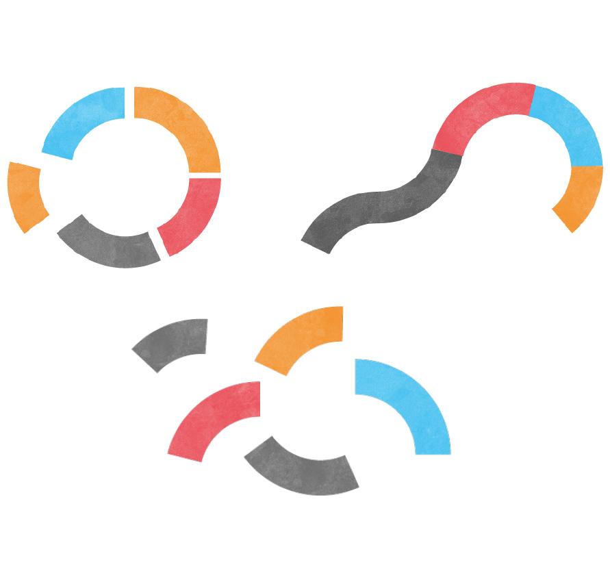 Verschiedene geometrische Teilelemente fügen sich zu mehreren geschwungenen Formen zusammen