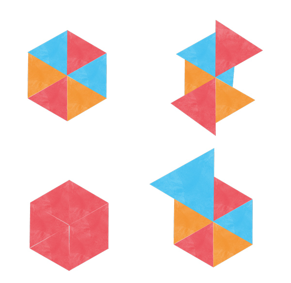 Aus verschiedenfarbigen Dreiecken geformte Hexaeder als Symbolbild für die Kernprinzipien von VE bei Erhebungen