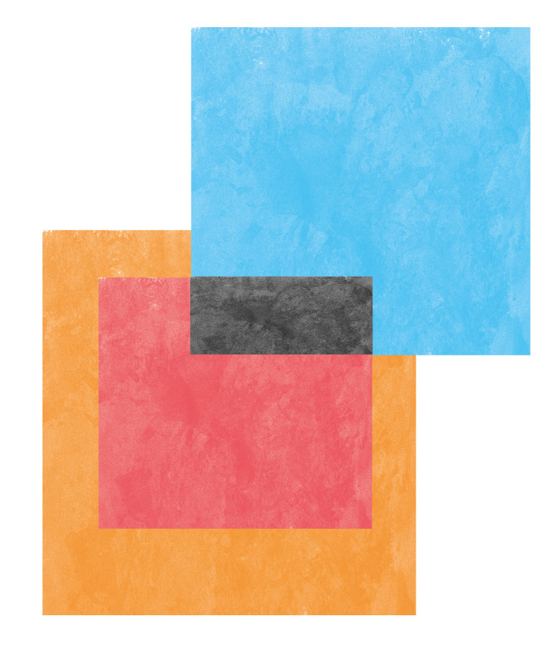 3 überlappende Quadrate unterschiedlicher Farbe bilden eine Schnittmenge als Symbol für Intersektionalität